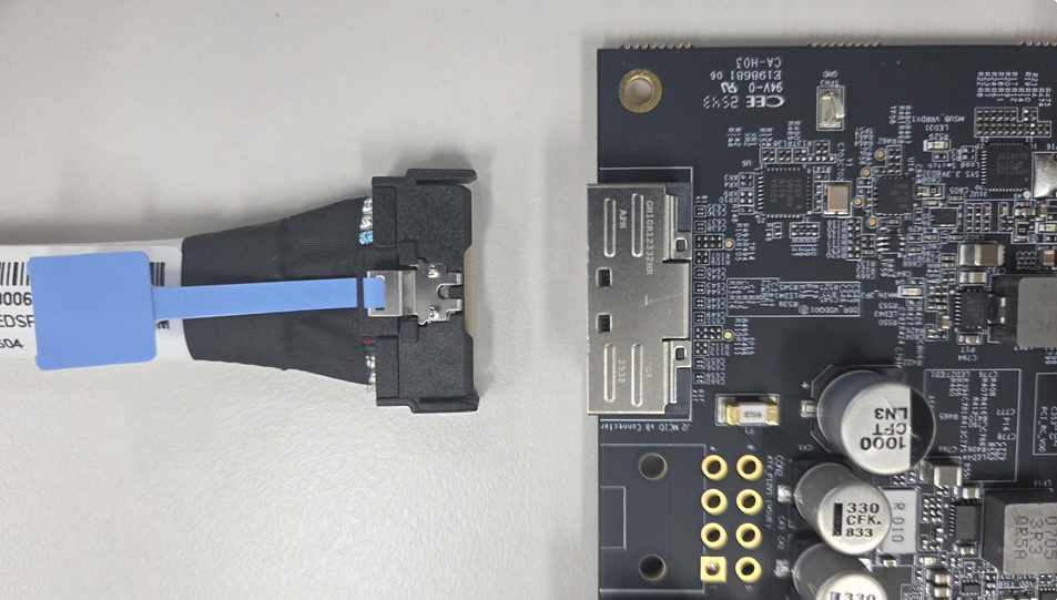 MCIO cable connected to the MCIO port on the device